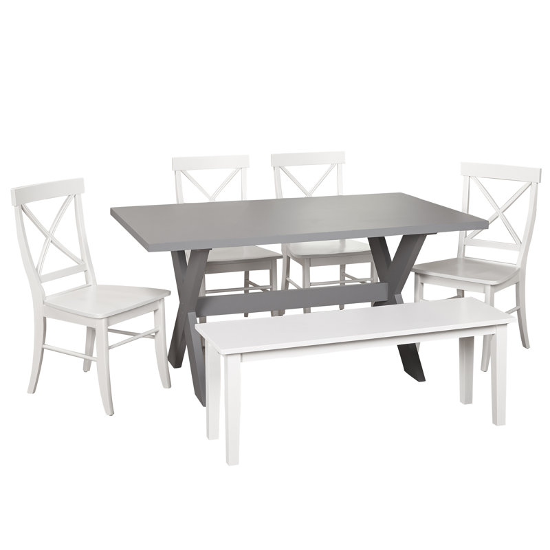 Ensemble repas pour 6 personnes Bengte, 6 (1 table + 4 chaises + 1 banc), Gris, Blanc