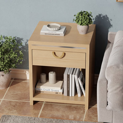 Mid Century Modern Nightstand with Drawers & Open Storage Shelf, 25 Inch Tall Wood Bedside Table, Accent End Side Table with Gold Handle, Night Stand for Bedroom Living Room, Natural Oak
