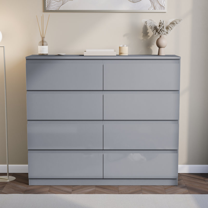 Oslo 8 Drawer High Gloss Chest, (FSC 100%) Bedroom Home Storage Furniture, Grey