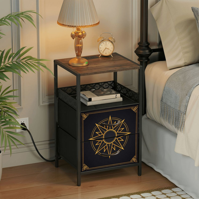 Table de chevet 2 tiroirs avec station de charge, table de chevet pour chambre avec ports USB et amp; Tablette ouverte Outlets - noir