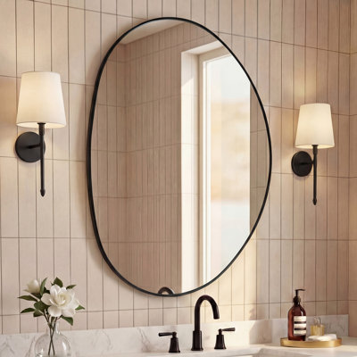 Aurelia 24 in. W x 36 in. H Medium Irregular Asymmetrical Oval Metal Framed Wall Mounted Bathroom Vanity Mirror, Black