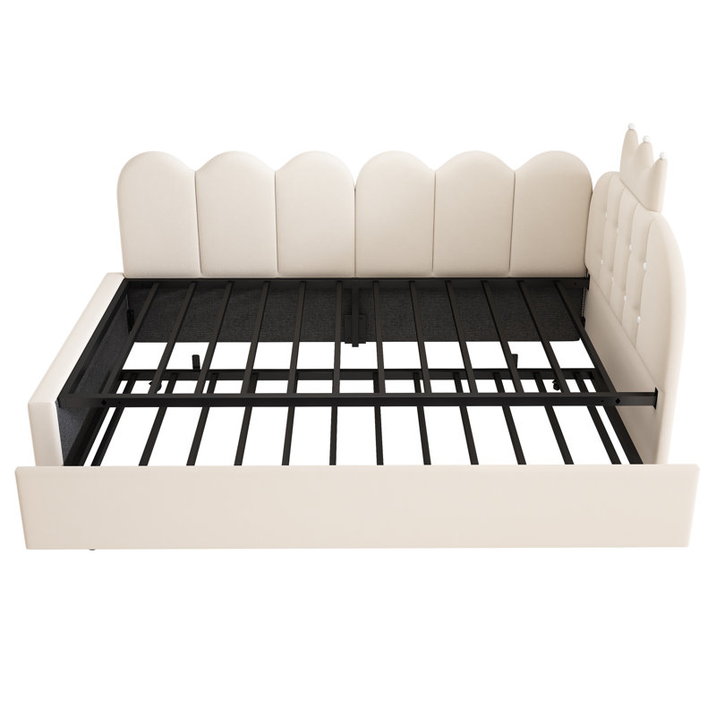 CrownLattice Upholstered Single Daybed with Pull Out Trundle, Crown-shaped Guest Beds, Beige