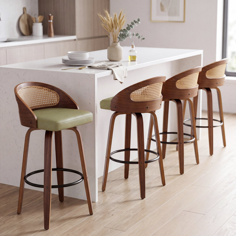 Ensemble de 4 tabourets de bar modernes en rotin avec siège rembourré Huneycutt, Vert