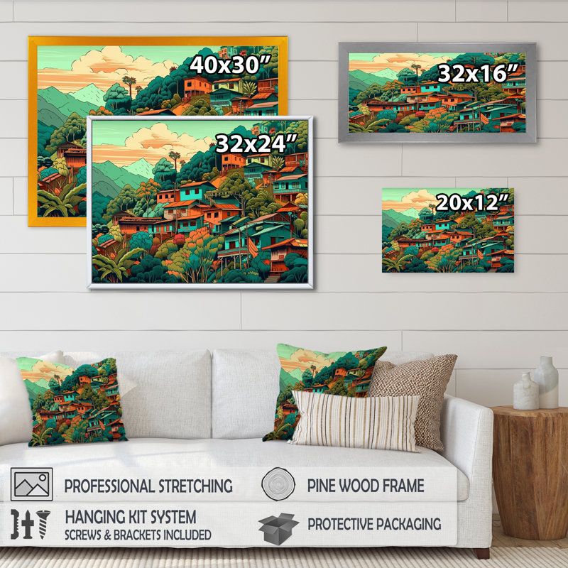 «Small Town Village IV», reproduction sur toile, H 12 po x l 20 po x P 1 po, Cadre flottant doré