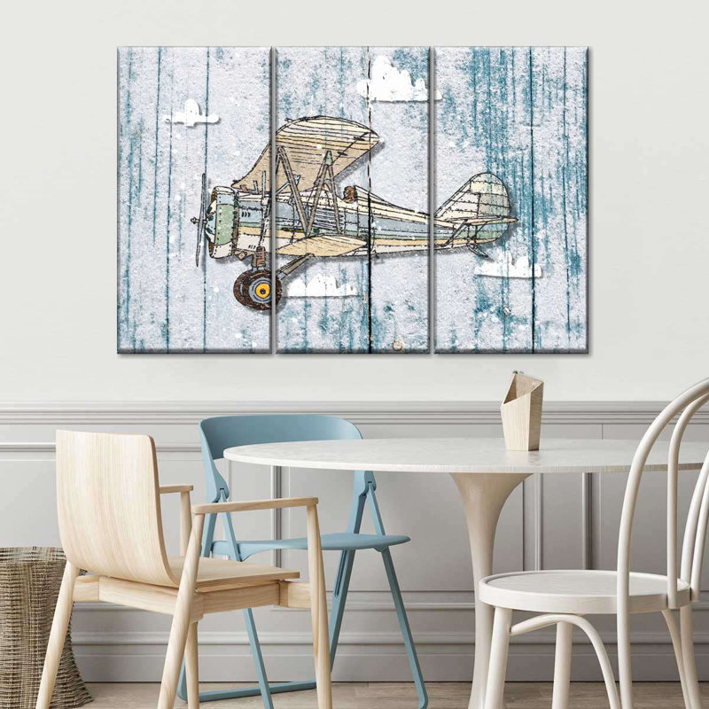 Caricature d'un avion rustique - impression sur toile tendue 3 pièces, H 24 po x l 38 po x P 1,25 po