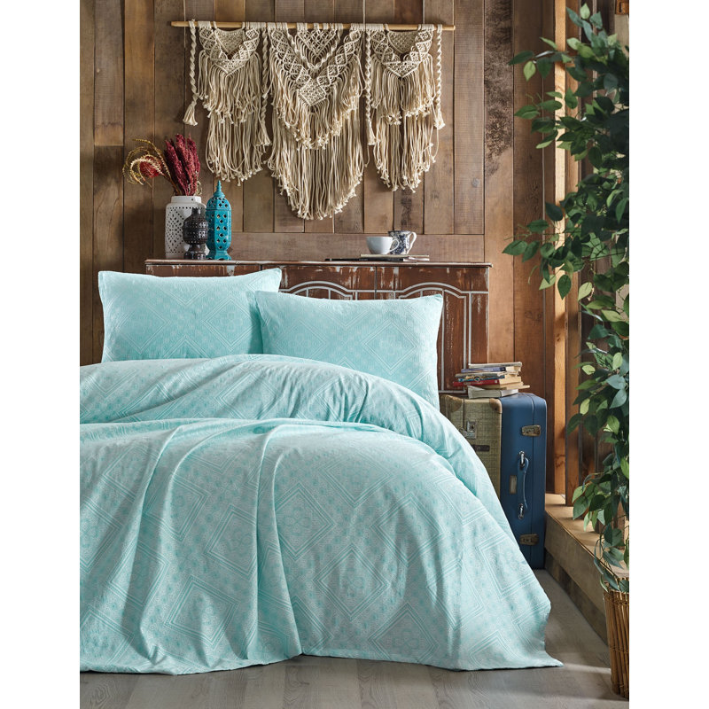 Ensemble de couvre-lit 3 pièces en mélange de coton Mehaya, Menthe