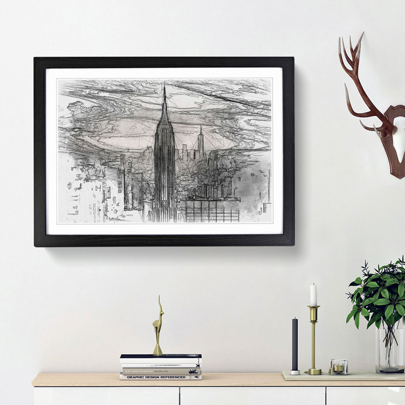 New York Skyline in Abstract - Picture Frame Graphic Art Print, 62cm H x 87cm W x 2cm D, Black Framed