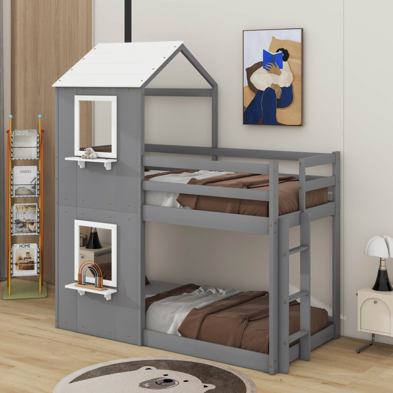 Twin Over Twin Bunk Bed Wood Bed With Roof,Window,Ladder And Guardrail, Gray
