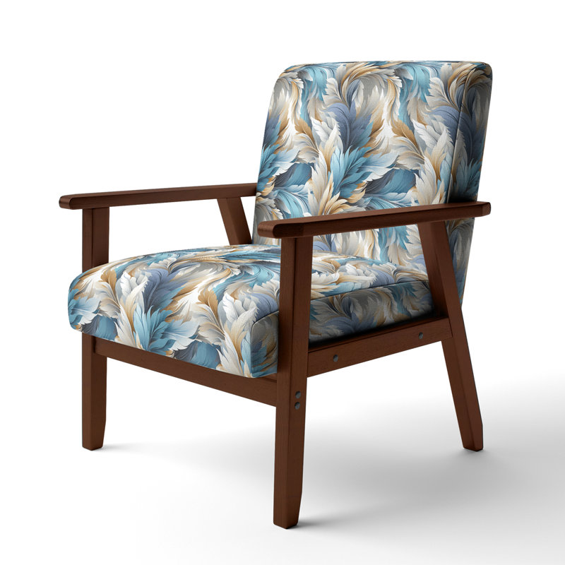 White And Teal Marble Flowers Serenity I - Upholstered Bohemian & Eclectic Accent Arm Chair, Brown Square Arms