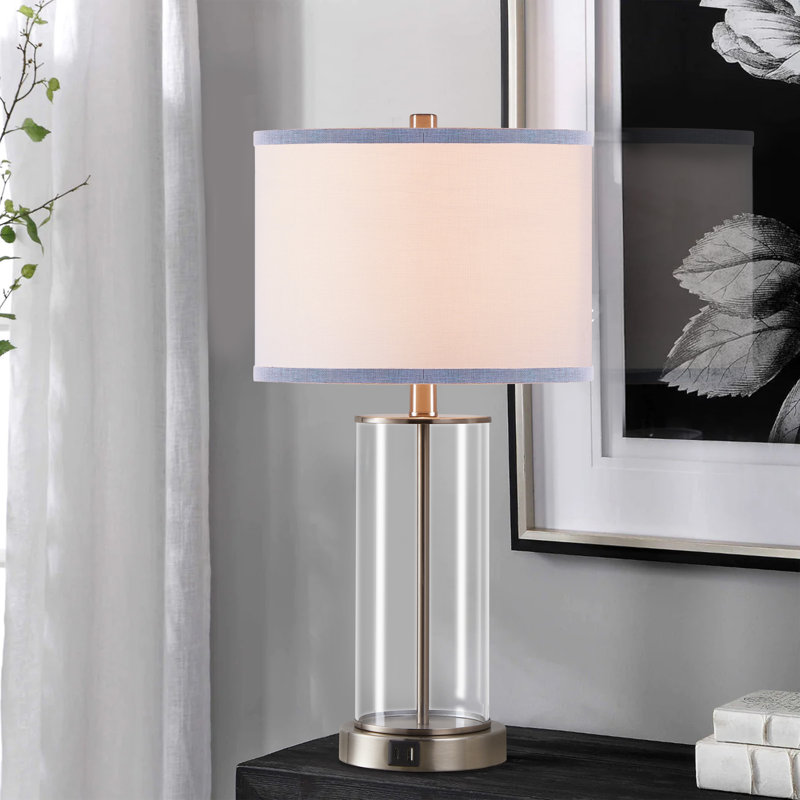 Towley 23.25'' Glass USB Table Lamp Set Brushed Nickel Finish, Brushed Nickel