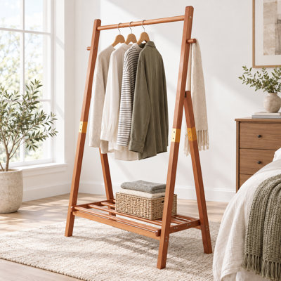 Portant à vêtements robuste en bois de pin massif avec support inférieur en forme de A 31,95 x 17,77 x 62,45 po avec tablette inférieure et crochets latéraux pour la chambre à coucher et le couloir