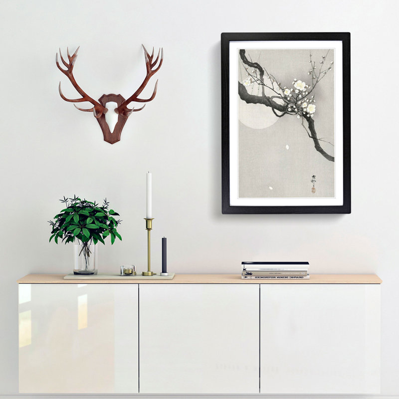 Plum Blossom & Full Moon by Ohara Koson - Picture Frame Painting Print, 65cm H x 48cm W x 2cm D, Black Framed