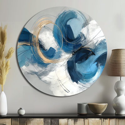 Abstract Swirl In Blue And White Tones - Modern Line Art Metal Wall Decor Round