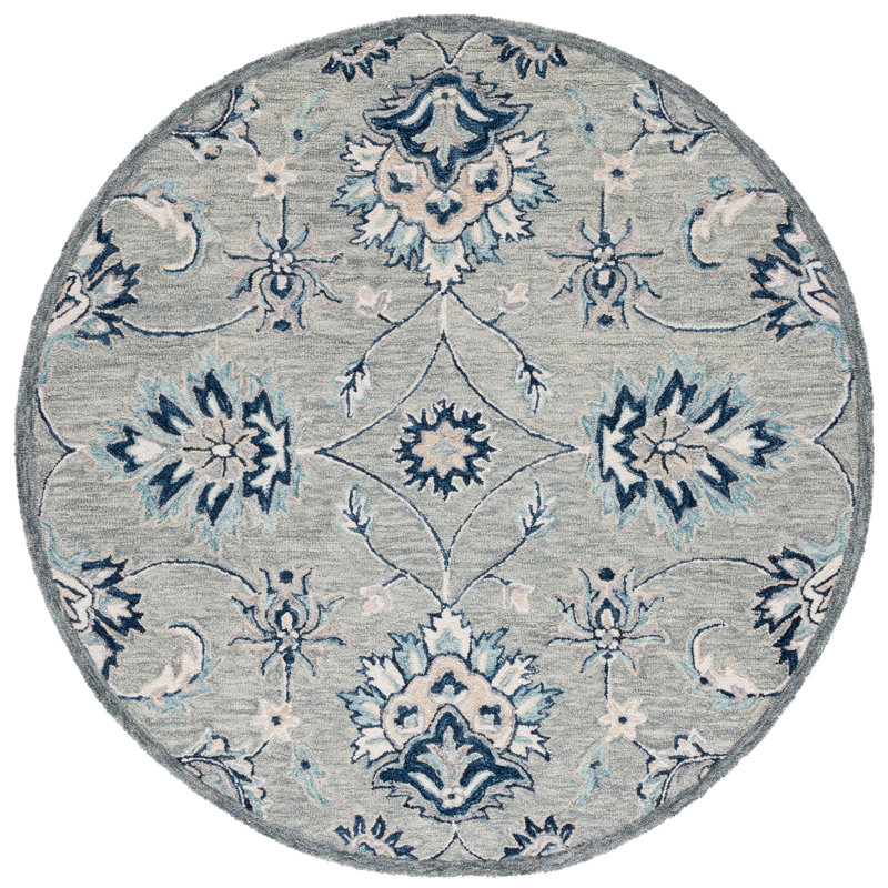 Saguenay Micro-Loop Hand Tufted Wool/Cotton Floral Rug in Blue, Round 5'