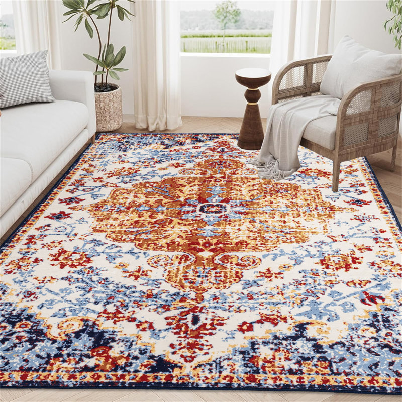 Area Rug  Vintage Bohemia Large Persian Non-Slip Washable Rug For Living Room Kitchen Bedroom Living Room Flower Design Amber