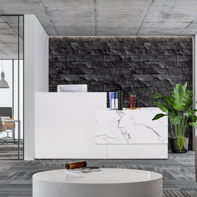 Bureau de réception moderne 86,8 po avec motif en marbre, tiroir verrouillable et plateau à clavier - Réception spacieuse pour le bureau, l'hôtel, le restaurant et la salle de réunion