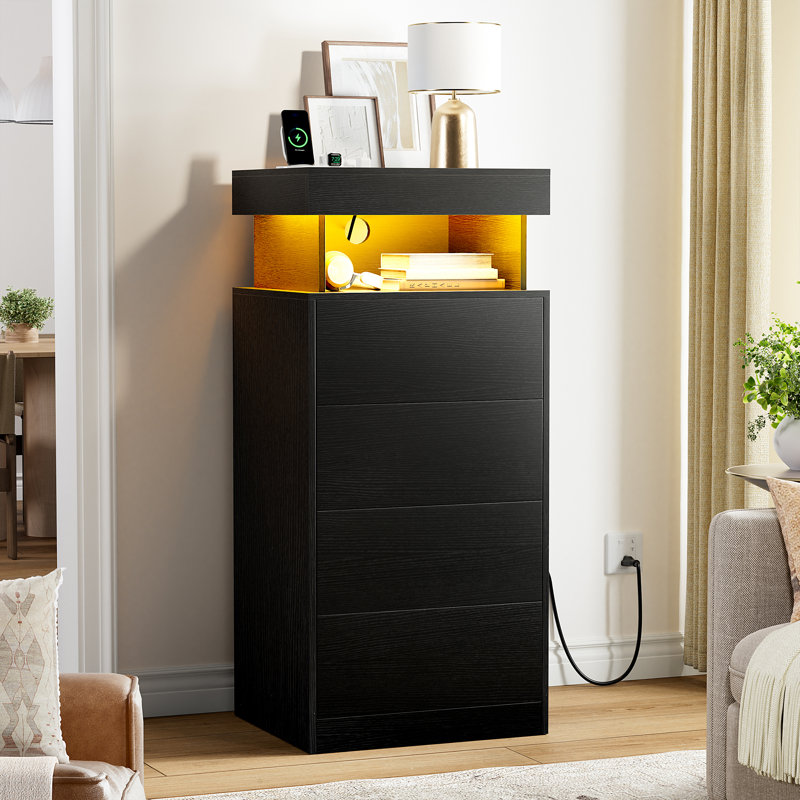 Tevrat 4 - Drawer Dresser With Power Outlet & LED,Wood Storage Chest With Push-To-Open Extension Drawer, 39.37” H Dresser For Bedroom&Office