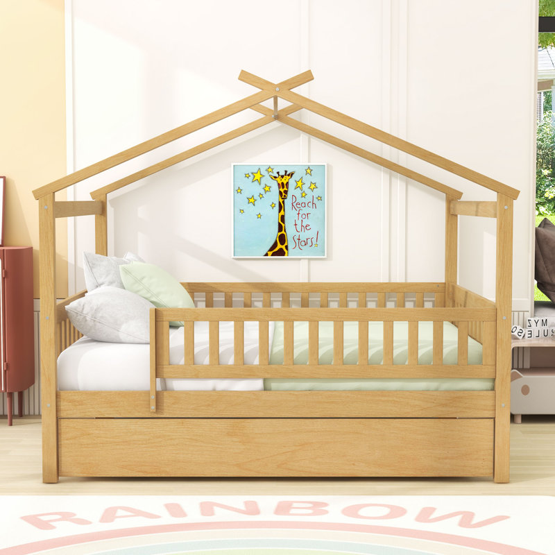 Full Wooden House Bed With Twin Trundle And Guardrails, Natural