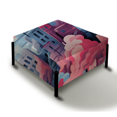 Blue And Pink Cityscape Pattern - Abstract Large Square Ottoman