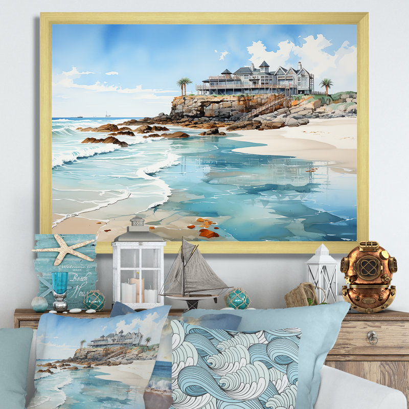 Pinder - Coastal Pier, art mural, Cadre doré simple, H 34 po x l 44 po x P 1,5 po