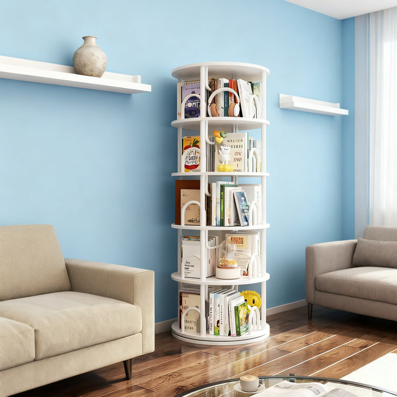 Tour de bibliothèque à 5 niveaux pivotant, bibliothèque rotative à 360 degrés avec conception ronde peu encombrante, organisateur de coin vertical pour livres, jouets et décoration intérieure