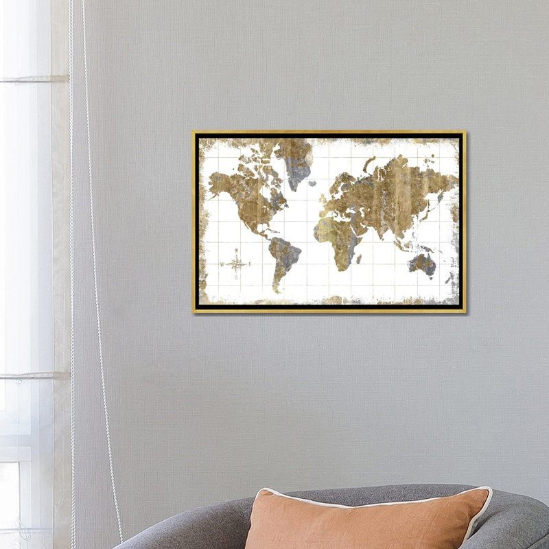 Carte dorée - impression d'art graphique, H 18 po x l 26 po x P 1,5 po, Toile encadrée d'or