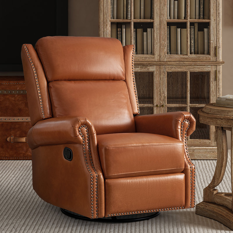 Hayliee Waxed Leather Swivel Glider and Rocker Recliner, Saddle