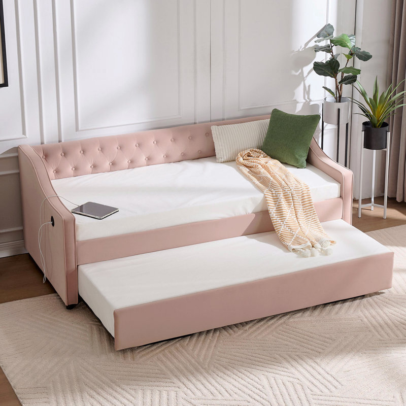 Velvet Daybed, Twin Size Upholstered Trundle Daybed,USB Port,Side Pockets, With Button On Back And Piping On Waved Shape Arms