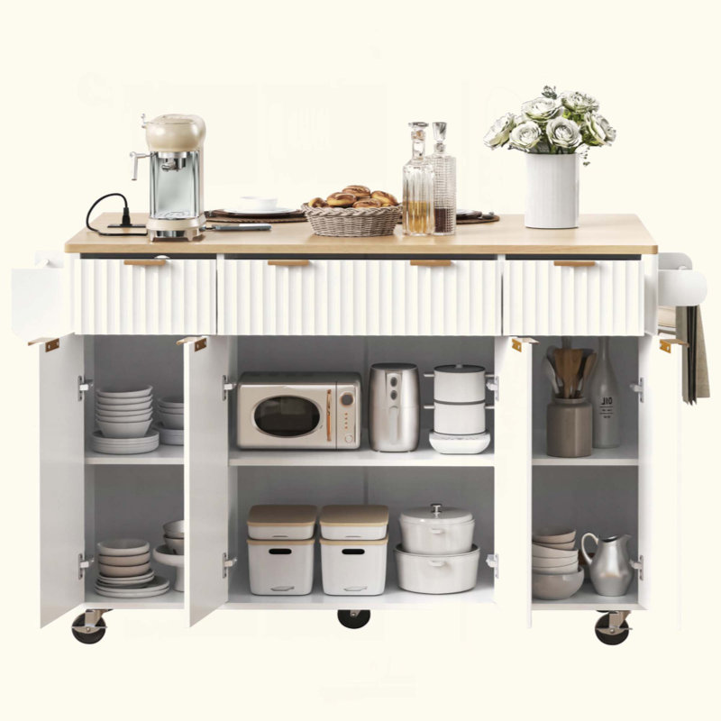 Fluted Kitchen Island With Storage，Kichen Island With Drop Leaf, Power Outlet,4 Doors And 3 Drawers, Rolling Island Table With Top, Curved Edge For Kitchen,Dining Room