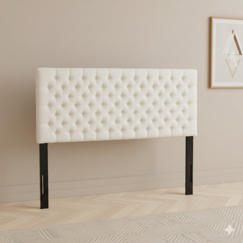 Tufted Upholstered Headboard For Queen Bed In A Modern Button Design, Adjustable Solid Wood Construction, Includes Durable Metal Legs For Bedroom Use.