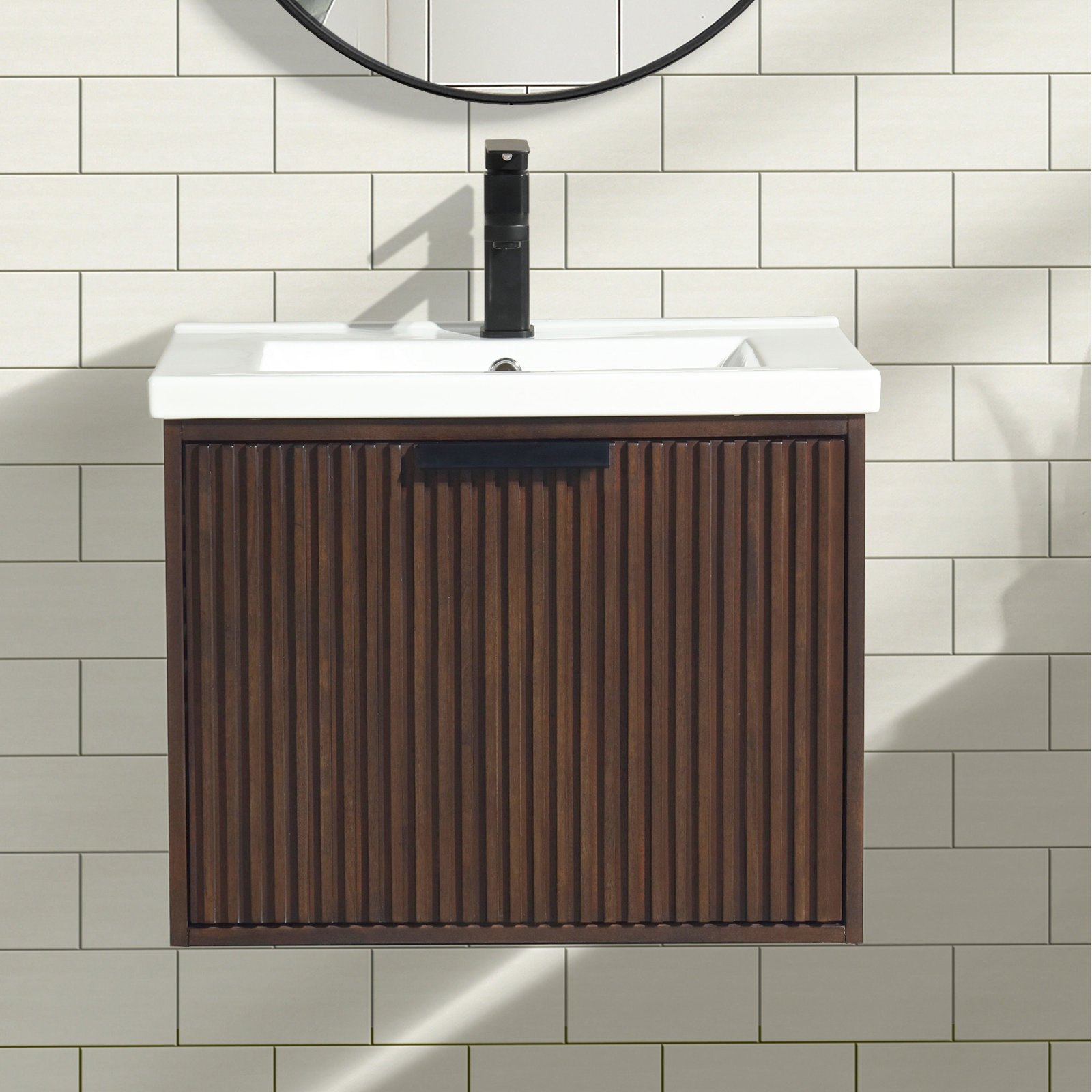  24" Wall-Mounted Single Bathroom Vanity Set, Walnut, Matte Black