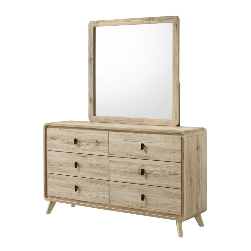 Commode à six tiroirs Mid-Century avec textures naturelles et beaucoup de rangement, parfaite pour les espaces de vie organisés.