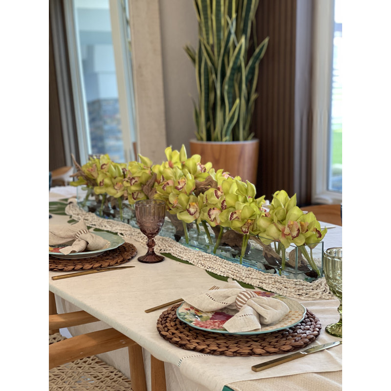 Driftwood Cymbidium Orchids Centerpiece in Glass Planter, 8" H x 48" W x 6" D, Green