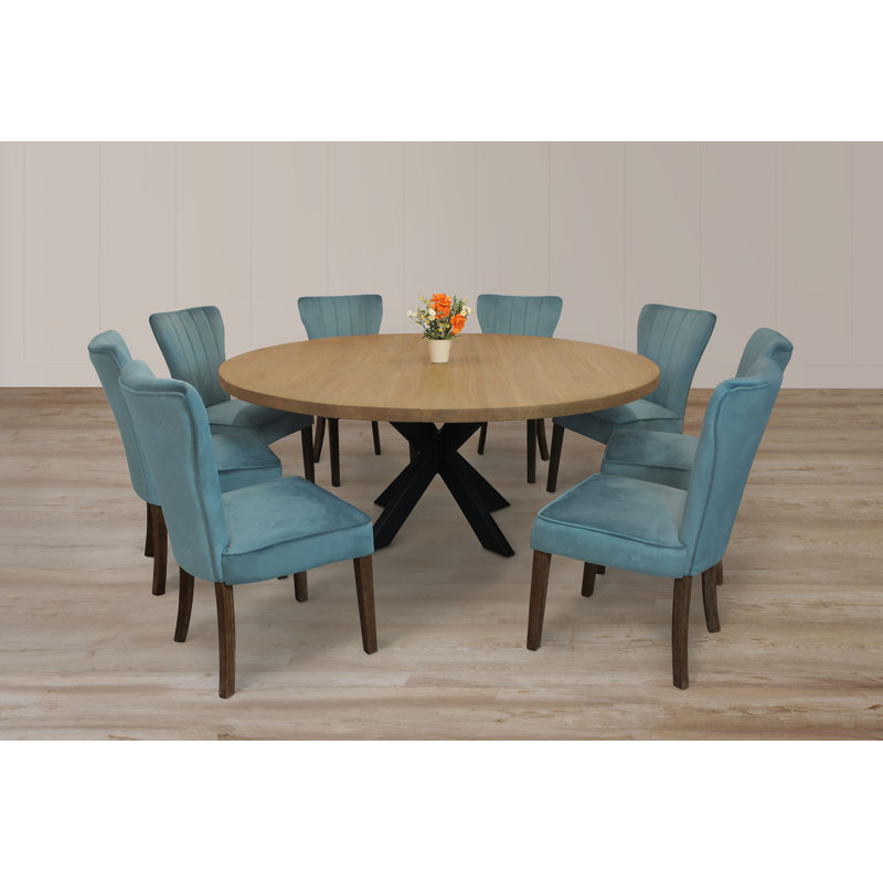 Logan 72" 9-Piece Dining Set With 8 Cleo Dining Chairs In Teal With Dark Brown Legs