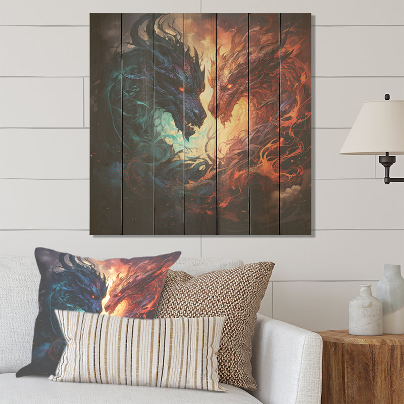 Fire Breathing Dragons Lair III - Dragons On Wood Print, 30" H x 30" W
