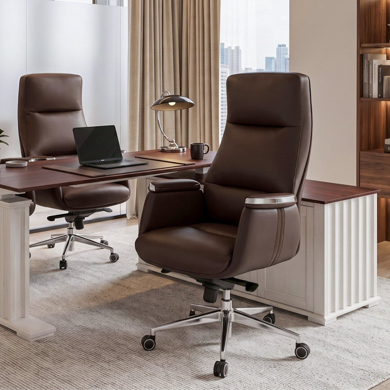 Ensemble de 3 chaises de bureau en cuir, Brun