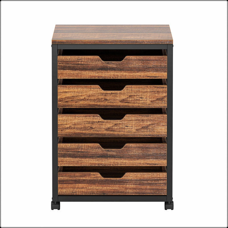Commode industrielle à 5 tiroirs avec roulettes, rangement en bois rustique pour le bureau et la chambre à coucher