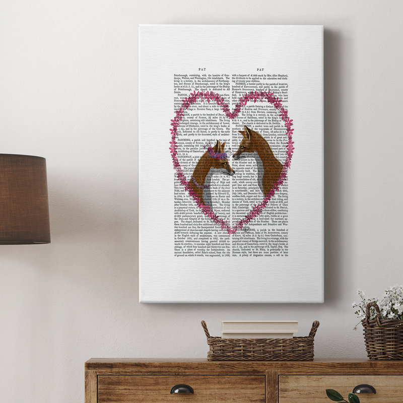Renards dans un cœur rose - galerie Cavas sur mesure, H 18 po x l 12 po