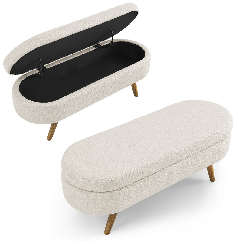 Banc de rangement repose-pieds ovale avec pieds en bois d'hévéa, Lin beige
