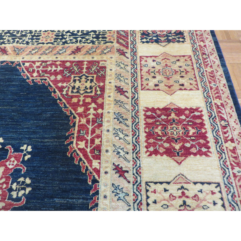 Tapis en laine bleu marine/vert 6 pi 8 po x 9 pi 2 po noué la main one-of-kind Sylvie