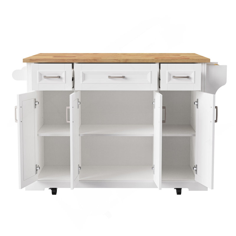 54Inch Large Kitchen Island With Rubber Wood Drop Leaf, Embossed Texture Rolling Kitchen Cart On 4 Wheels With 4 Doors And 3 Drawers, Kitchen Island With Storage For Kitchen, Dining Room,White