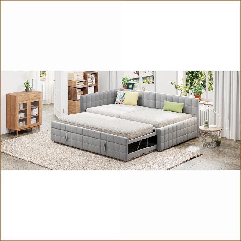 Full Size Upholstered L-Shaped Daybed with Twin Pop-Up Trundle &amp; USB Ports, Gray Plywood Frame, Gray