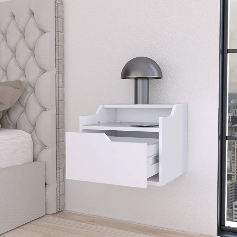 Table de chevet flottante avec tiroir et double tablette Florence, Blanc