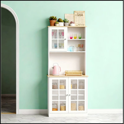 Large Countertop Kitchen Pantry Cabinet with Glass Doors, Adjustable Shelves, and Spacious Storage for Modern Kitchens
