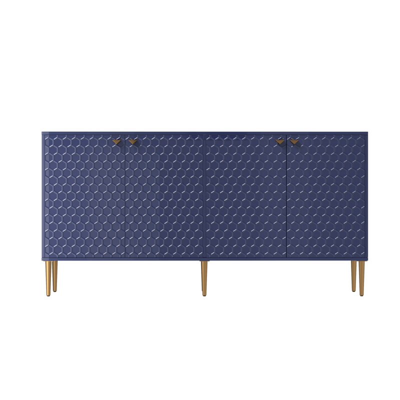 Kuo 64" Wide Sideboard With 4 Door High Gloss Cabinets, Blue/Gold