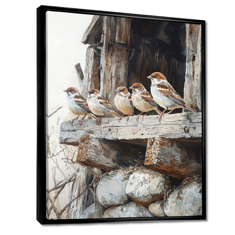 Sparrows Birds In The Farmyard IV - Bird Wall Art, Framed Print without Mat, Black, 20" H x 12" W