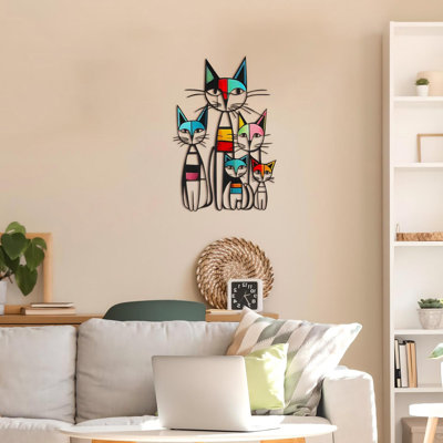 Décoration murale chat coloré en métal, sculpture de chat en fer rétro Mid-Century, décoration murale suspendue (10,6 po x 15,7 po)