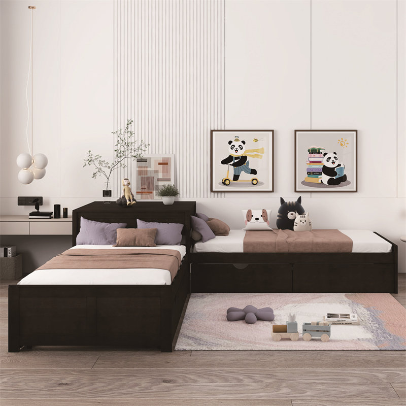 Twin L-shaped Platform Storage Bed, Espresso