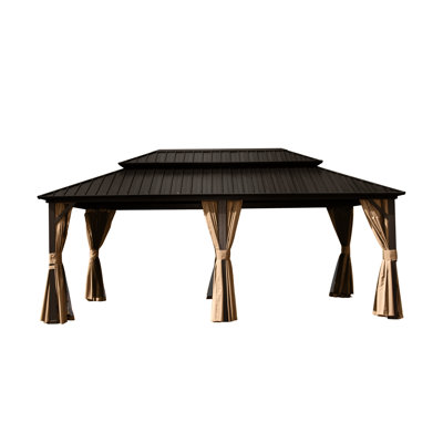 12' X 18' Gazebo, Aluminum Metal With Galvanized Steel Double Roof, Spacious For Party, Wedding, Outdoor Dining, Brown And Steel. Privacy Curtains Secluded Area.