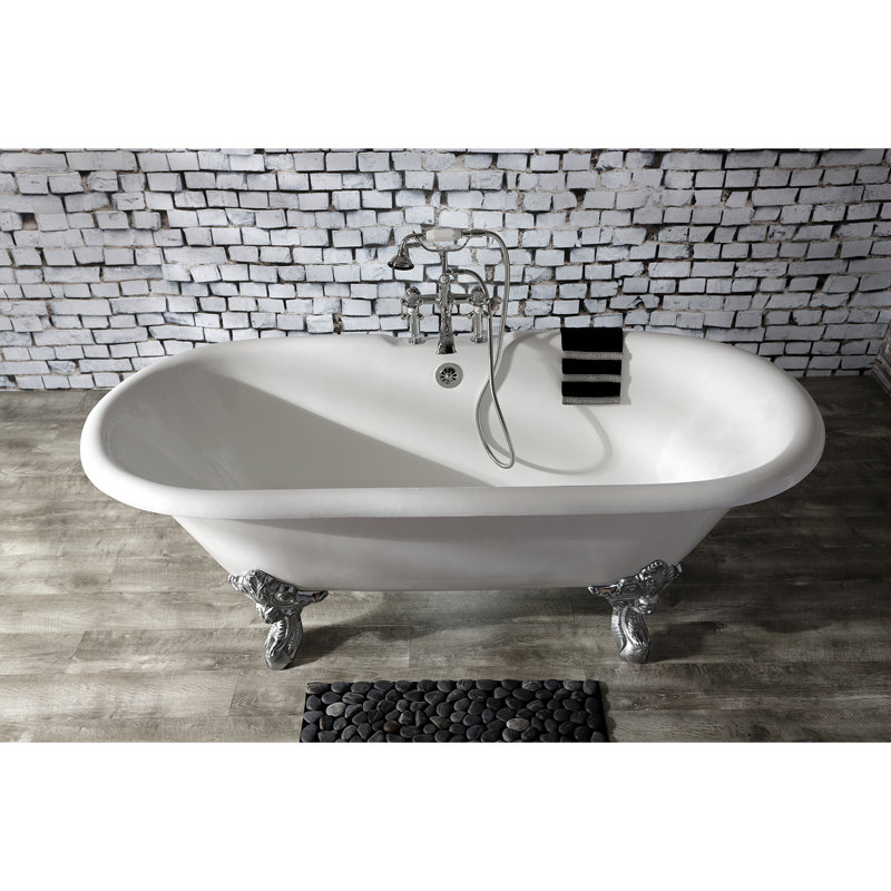 Kingston Brass Aqua Vintage Three-Handle 2-Hole Deck Mount Clawfoot Tub Faucet with Hand Shower, Polished Chrome